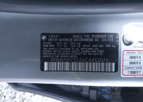 2006 BMW 530I from USA, damaged, VIN WBANE73536CM32075